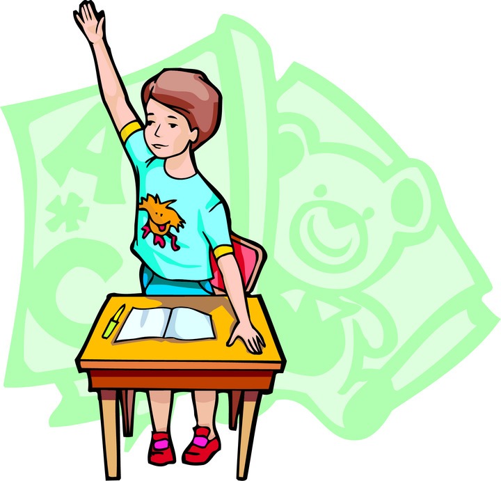 Animated Student Cliparts, boy sitting at desk raising his hand ...